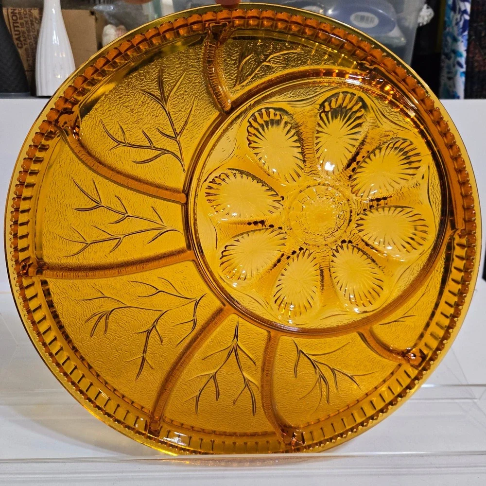 Vintage Indiana Glass Amber Deviled Egg & Relish Tray Divided 13
